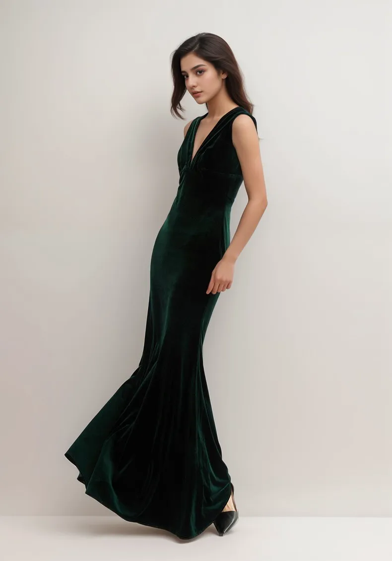 Stylish Deep V-Neck Sleeveless Fit and Flare Velvet Dress
