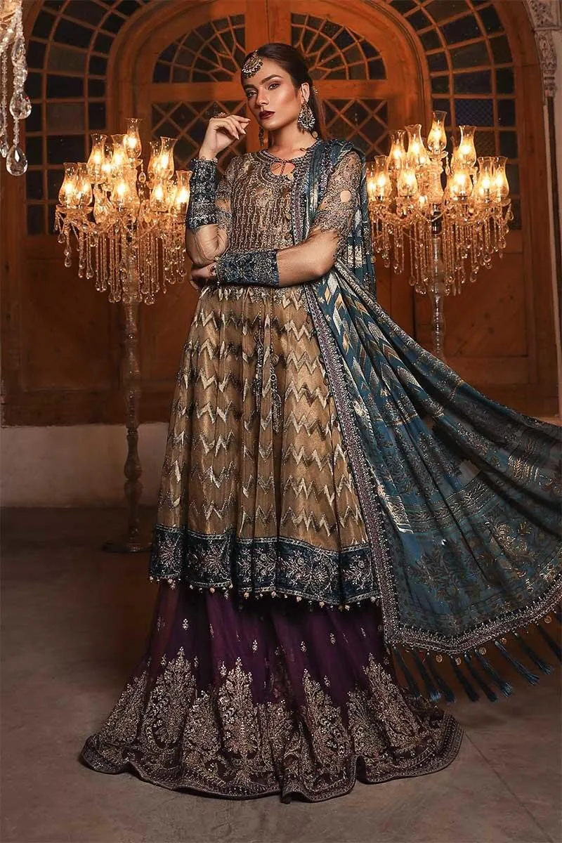 Stylish Indian wedding dress in metalic brown and teal color # P2248