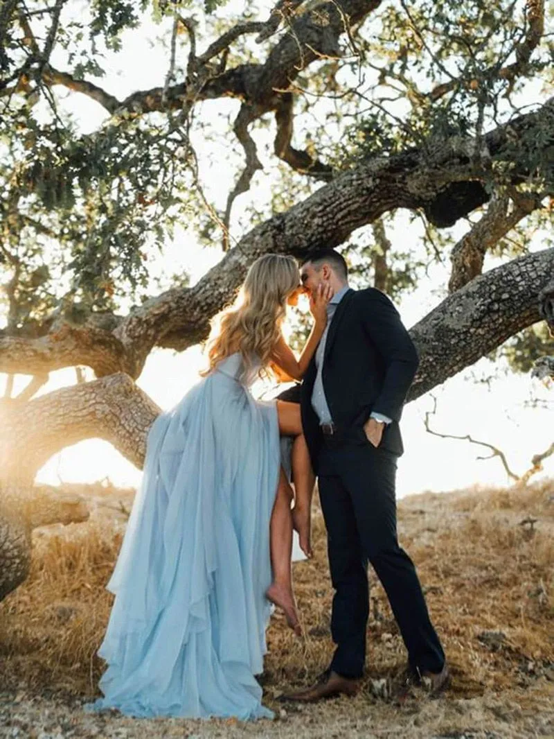 Subtle Yet Sexy Beach Ceremony Dress A Line Bodice Backless With Thigh High Split Made in Chiffon Has A Features Train
