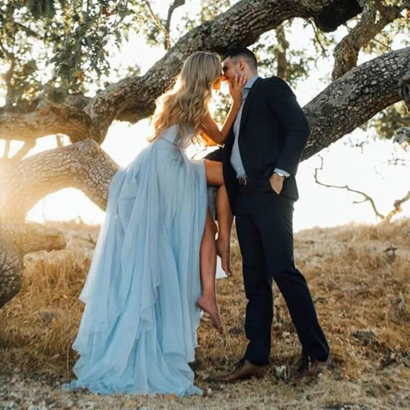 Subtle Yet Sexy Beach Ceremony Dress A Line Bodice Backless With Thigh High Split Made in Chiffon Has A Features Train