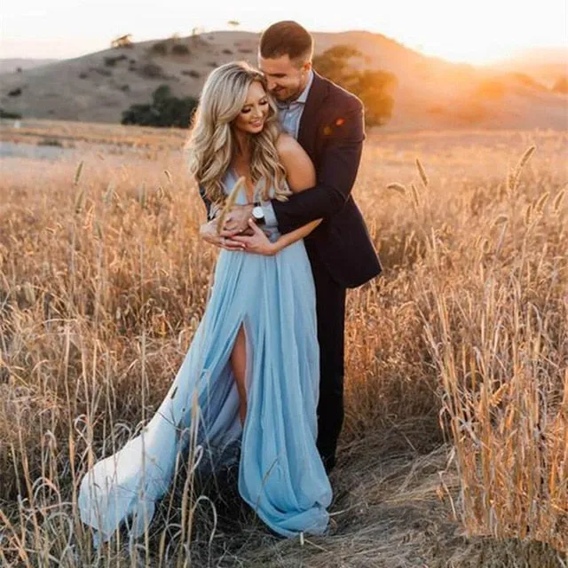 Subtle Yet Sexy Beach Ceremony Dress A Line Bodice Backless With Thigh High Split Made in Chiffon Has A Features Train