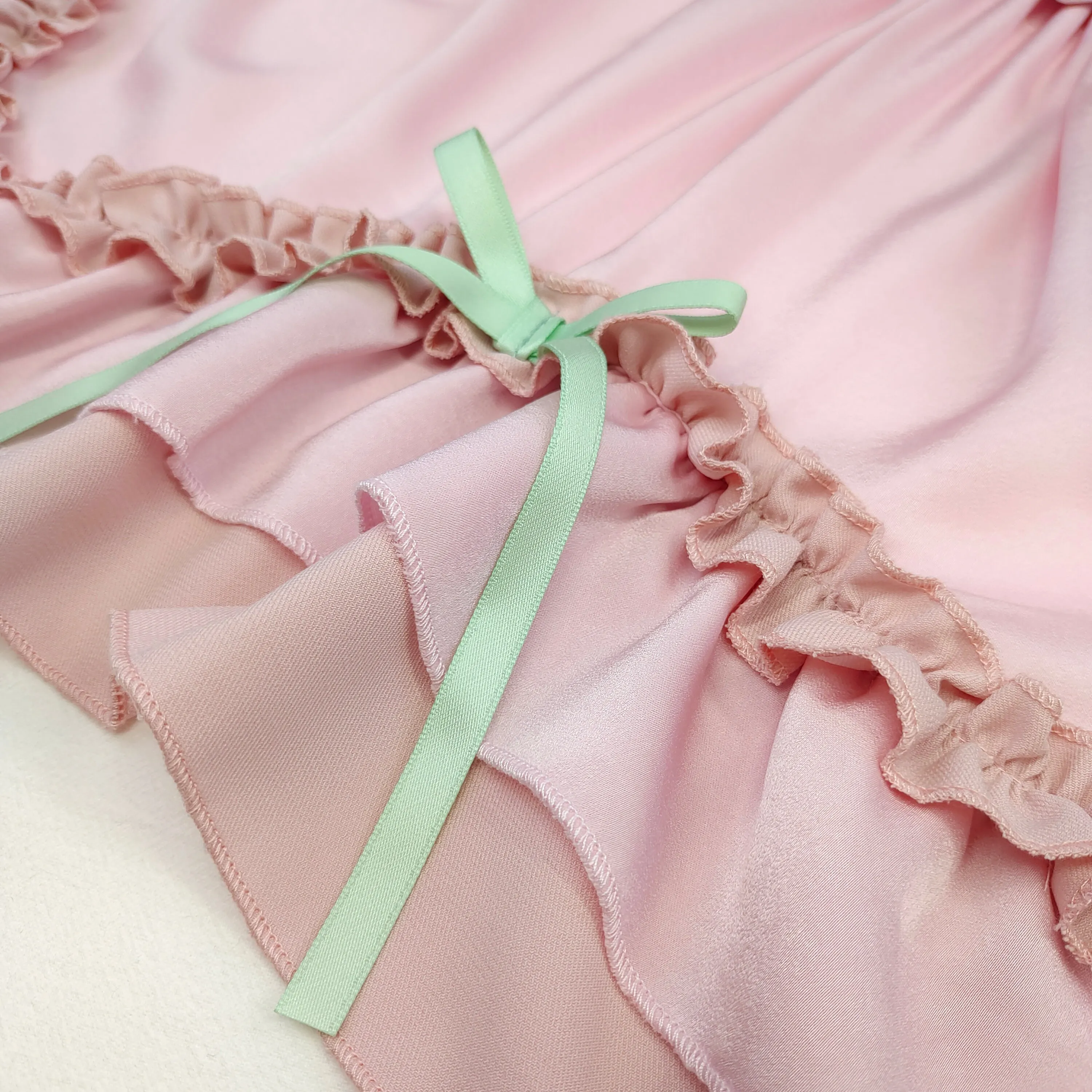 Sweet Lolita Pink Dress Ruffle Layered Princess JSK with Bows and Puff Sleeves