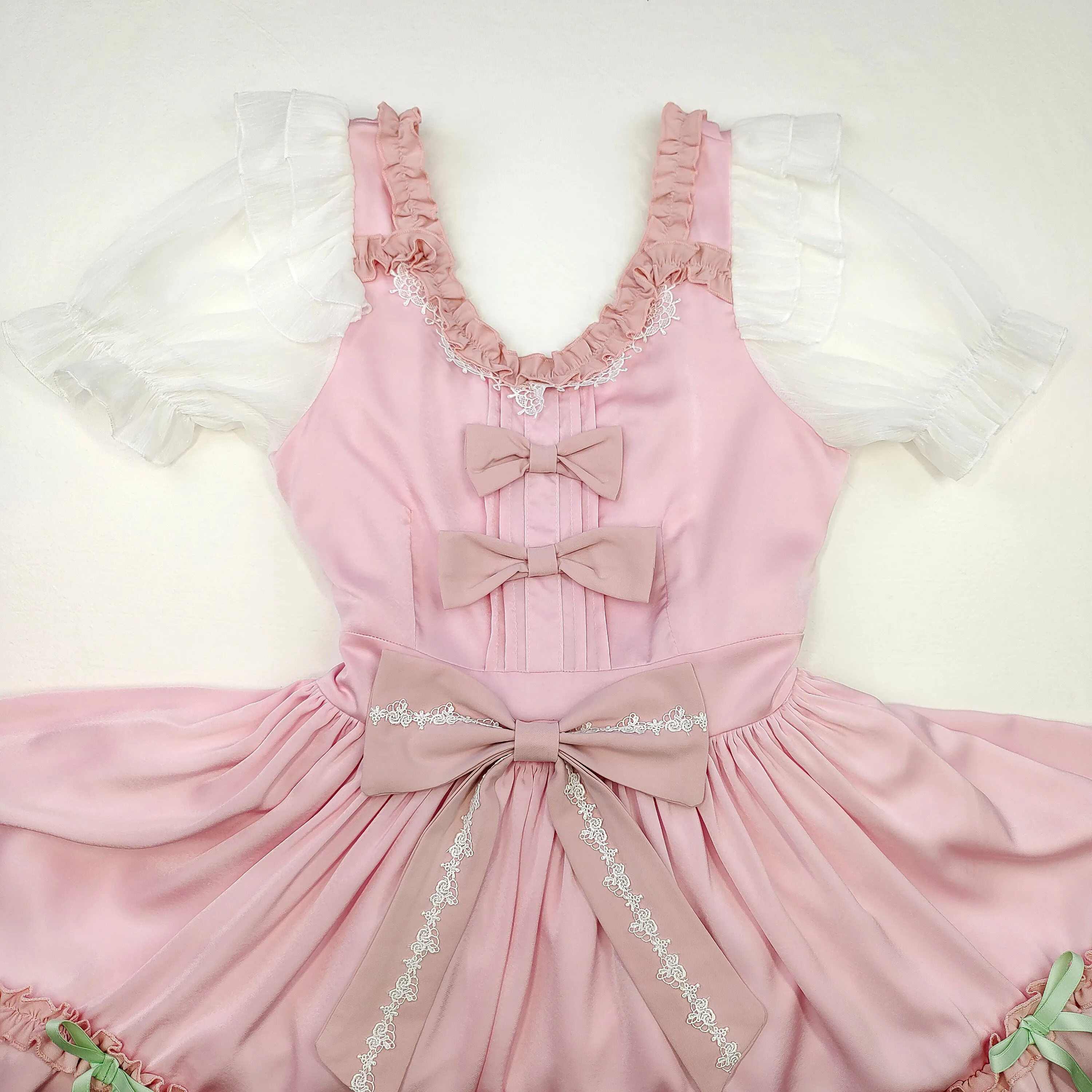 Sweet Lolita Pink Dress Ruffle Layered Princess JSK with Bows and Puff Sleeves