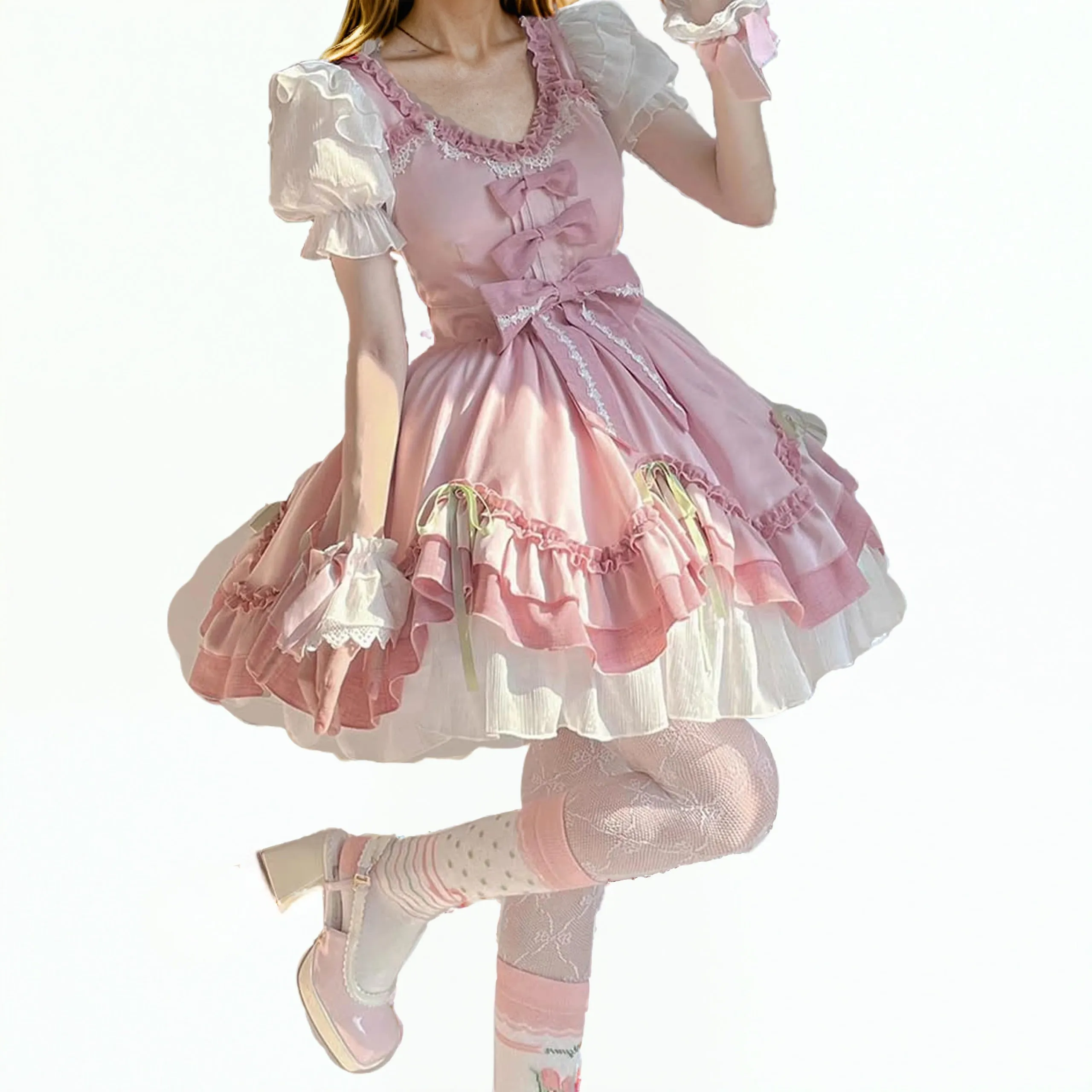 Sweet Lolita Pink Dress Ruffle Layered Princess JSK with Bows and Puff Sleeves