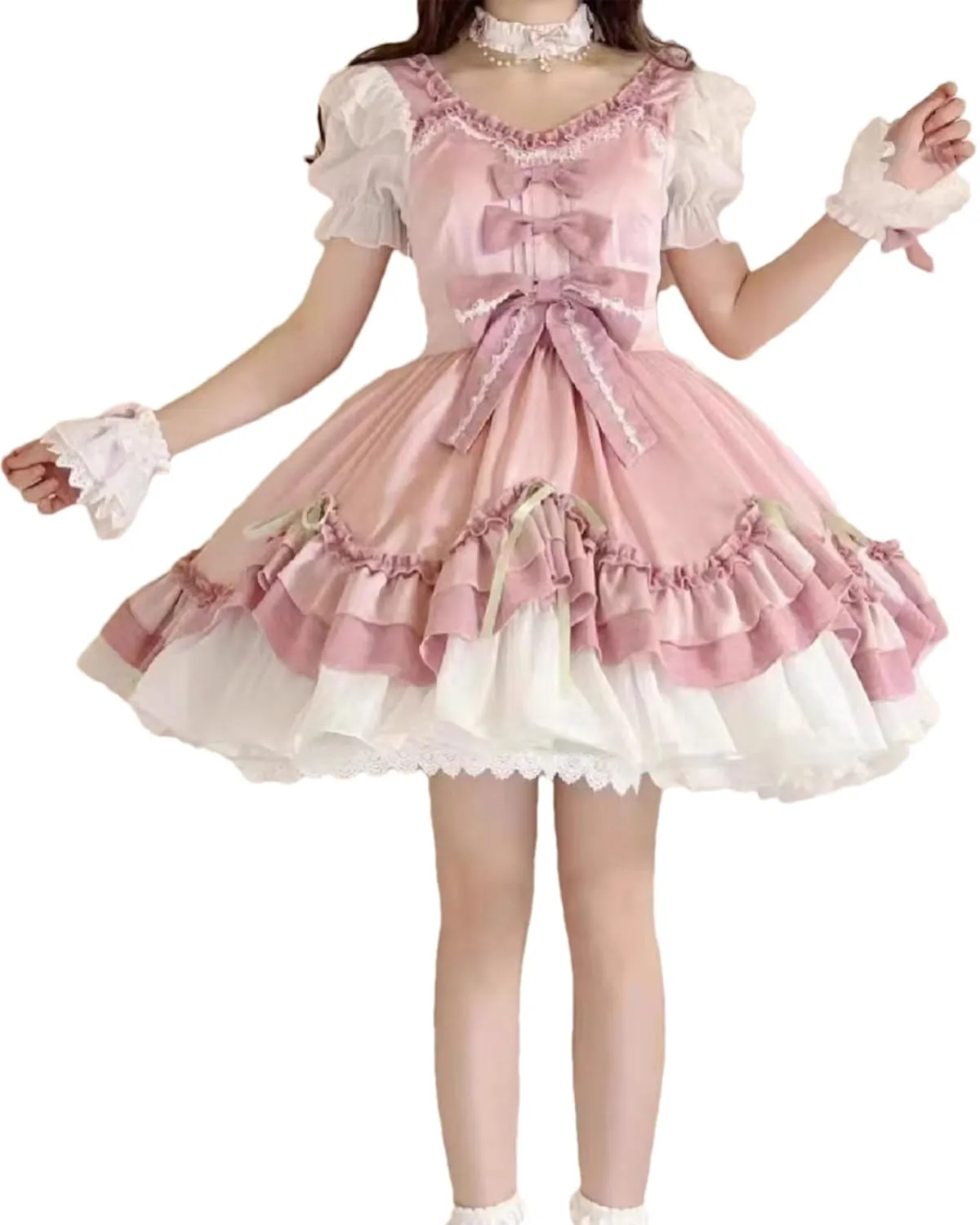 Sweet Lolita Pink Dress Ruffle Layered Princess JSK with Bows and Puff Sleeves