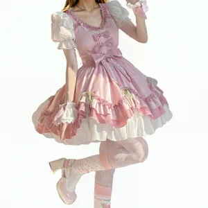 Sweet Lolita Pink Dress Ruffle Layered Princess JSK with Bows and Puff Sleeves