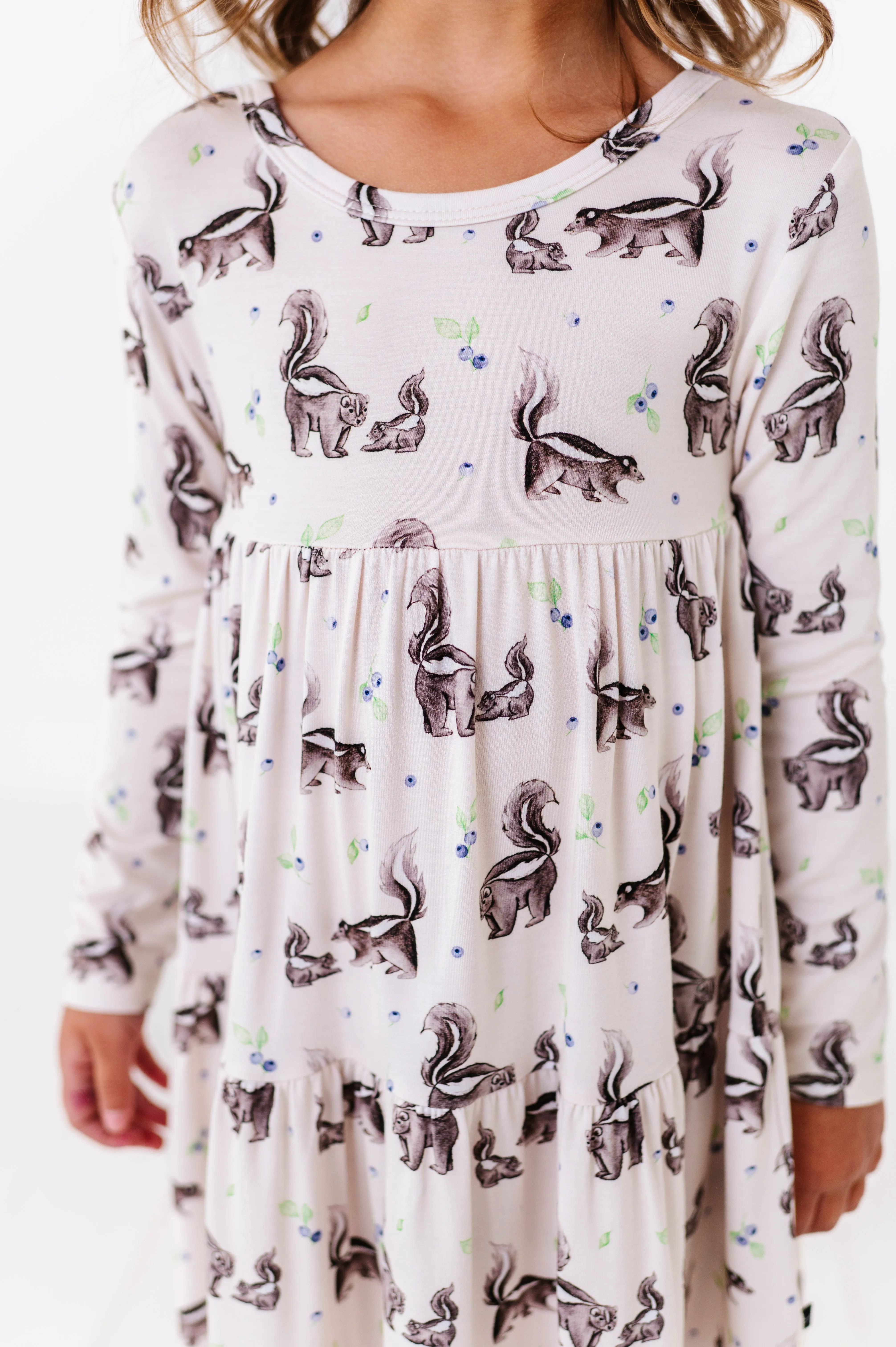 The Sleepy Sloth Berry Stinky Skunk Print Girls Tiered Long Sleeve Twirlie Dress