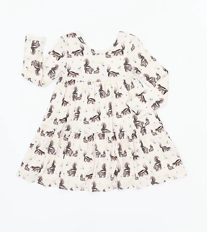 The Sleepy Sloth Berry Stinky Skunk Print Girls Tiered Long Sleeve Twirlie Dress
