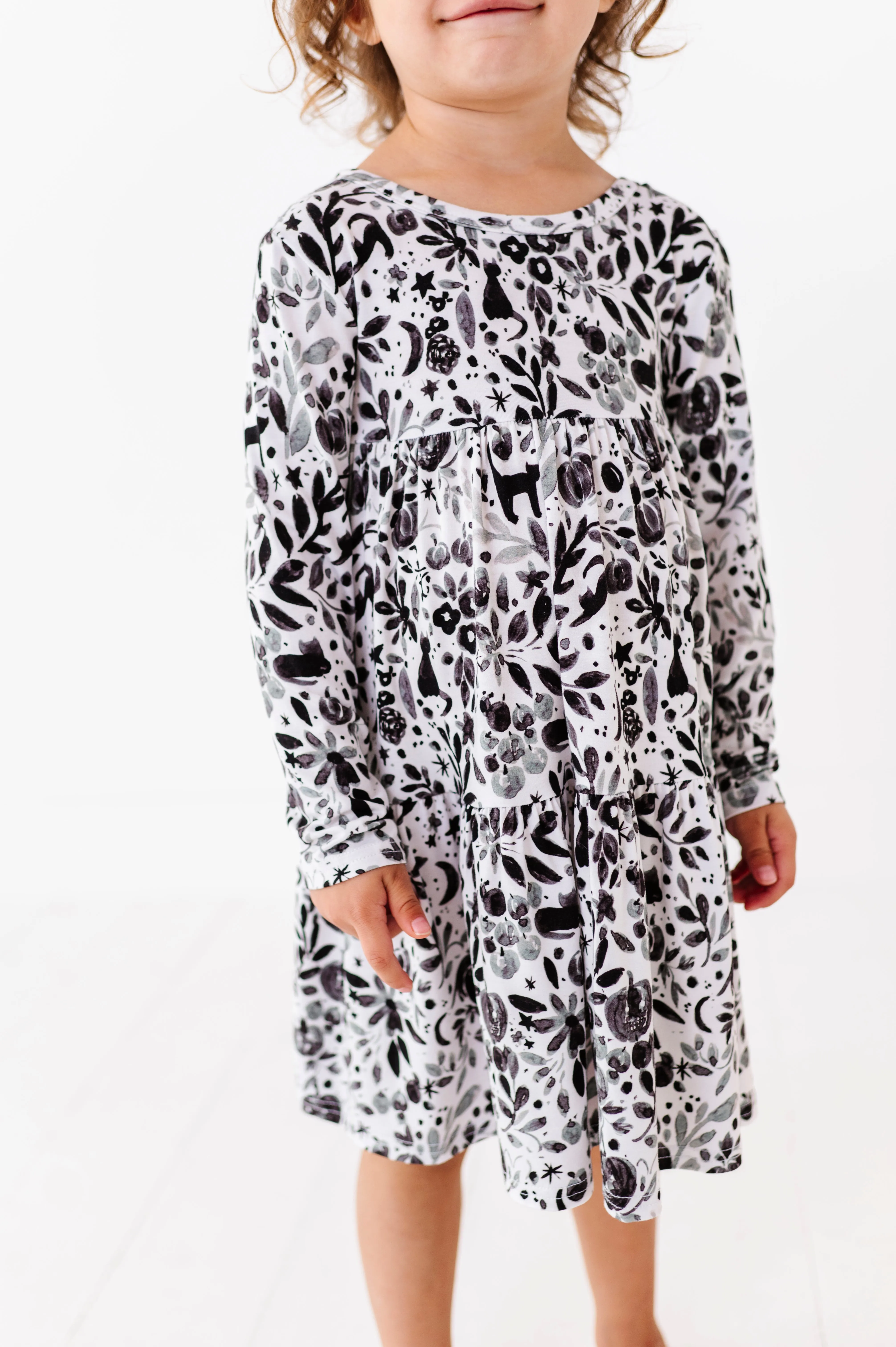 The Sleepy Sloth Salem Black Cats Fall Pumpkin Halloween Print Girls Tiered Long Sleeve Twirlie Dress