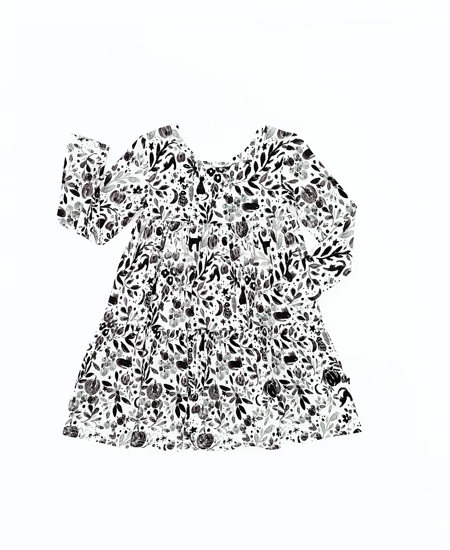 The Sleepy Sloth Salem Black Cats Fall Pumpkin Halloween Print Girls Tiered Long Sleeve Twirlie Dress