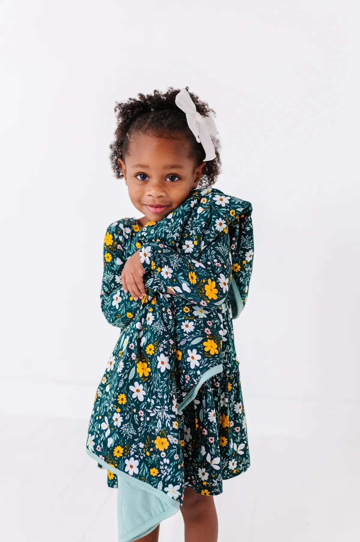 The Sleepy Sloth Wildflower Dreams Green Floral Print Girls Tiered Long Sleeve Twirlie Dress