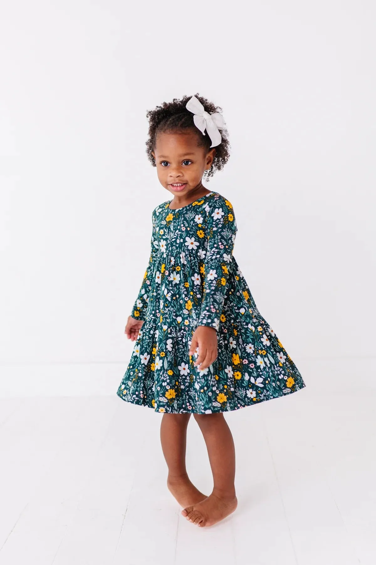 The Sleepy Sloth Wildflower Dreams Green Floral Print Girls Tiered Long Sleeve Twirlie Dress