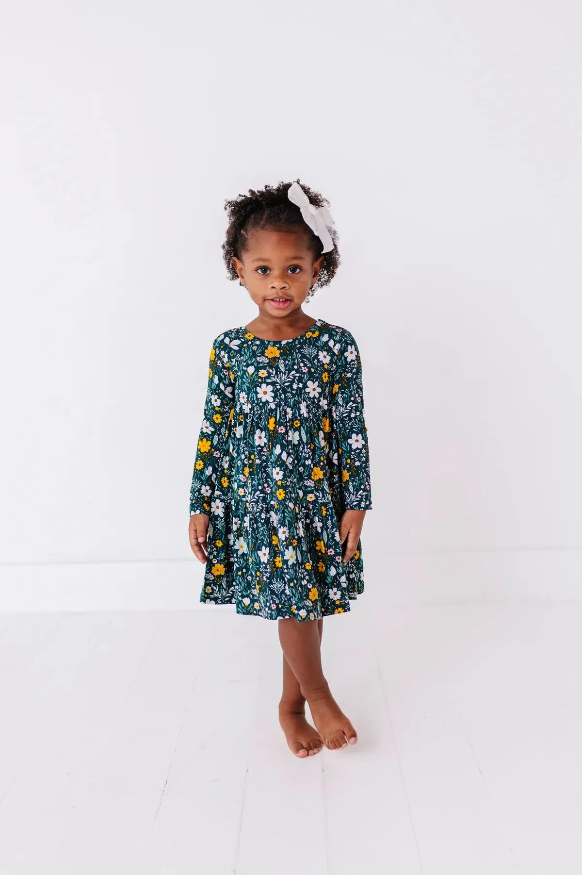 The Sleepy Sloth Wildflower Dreams Green Floral Print Girls Tiered Long Sleeve Twirlie Dress