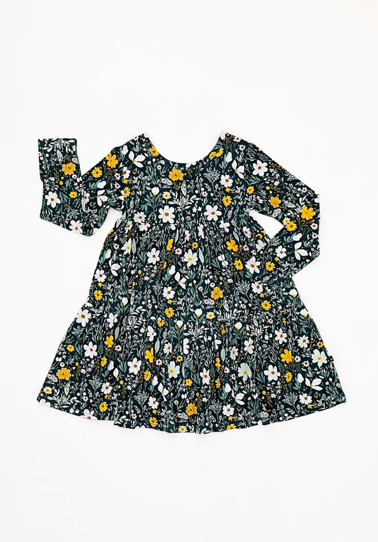 The Sleepy Sloth Wildflower Dreams Green Floral Print Girls Tiered Long Sleeve Twirlie Dress