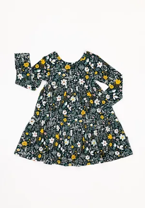 The Sleepy Sloth Wildflower Dreams Green Floral Print Girls Tiered Long Sleeve Twirlie Dress