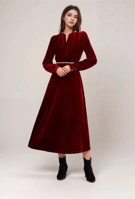 Timeless Velvet Tea Length Dress with Jewel Neckline and Puff Sleeves