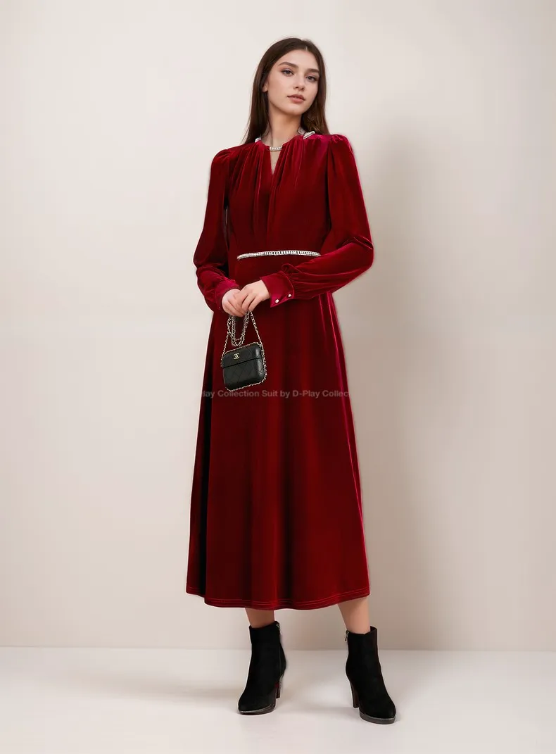 Timeless Velvet Tea Length Dress with Jewel Neckline and Puff Sleeves