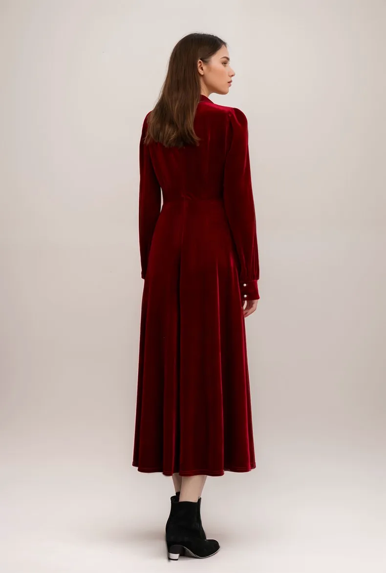 Timeless Velvet Tea Length Dress with Jewel Neckline and Puff Sleeves