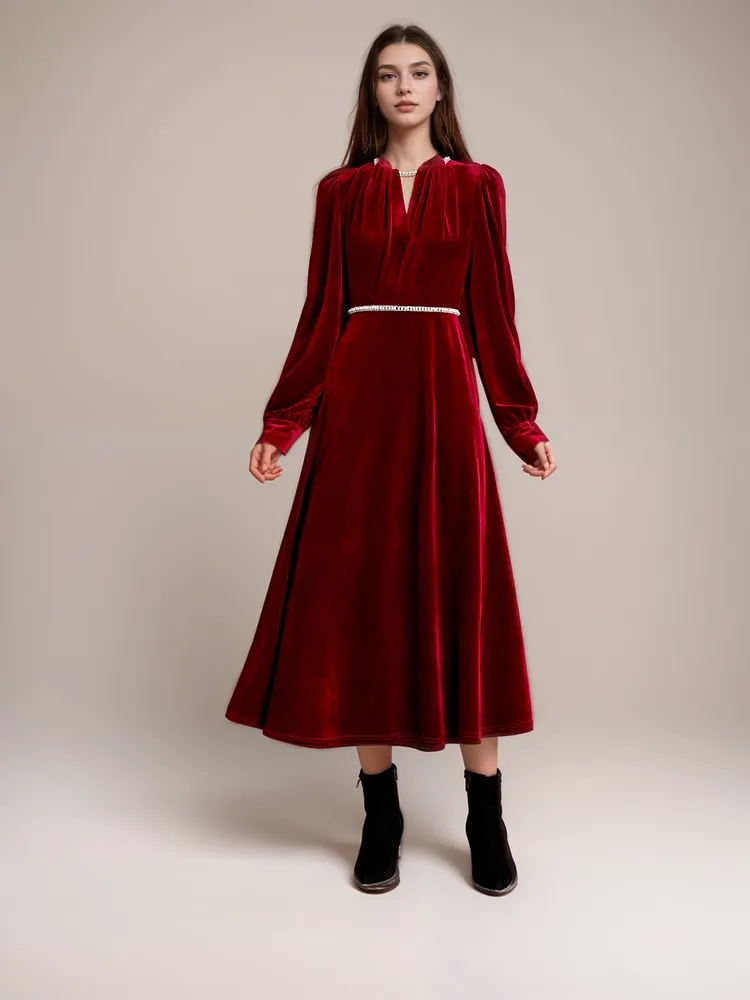Timeless Velvet Tea Length Dress with Jewel Neckline and Puff Sleeves
