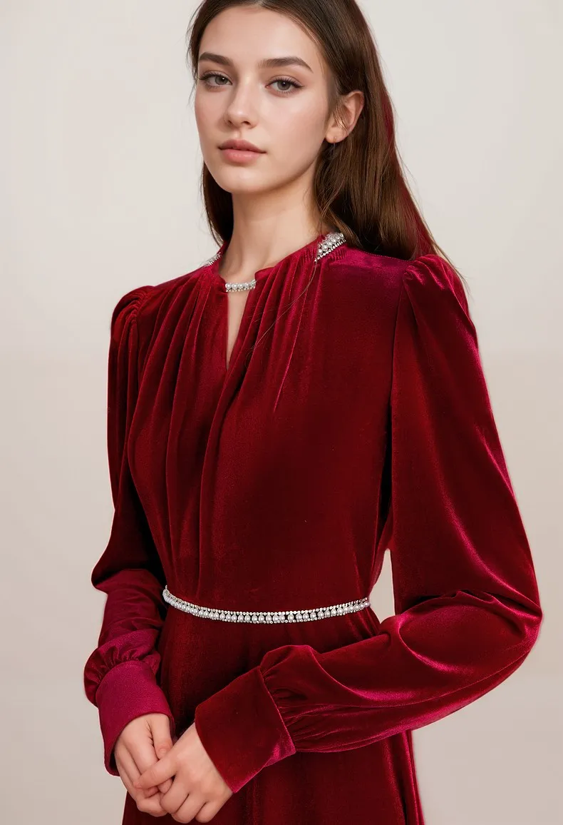Timeless Velvet Tea Length Dress with Jewel Neckline and Puff Sleeves