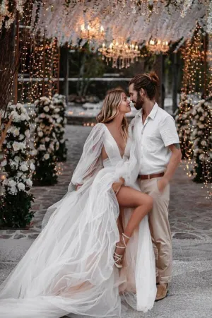 Tulle A-line Deep V-neck Long Sleeves Bohemian Wedding Dresses, MW1044