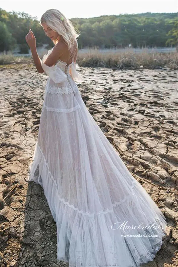 Tulle A-line V Neck Off-the-Shoulder Bohemian Lace Wedding Dresses, MW1045