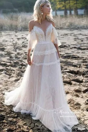 Tulle A-line V Neck Off-the-Shoulder Bohemian Lace Wedding Dresses, MW1045