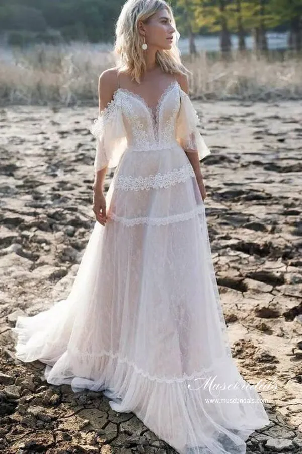 Tulle A-line V Neck Off-the-Shoulder Bohemian Lace Wedding Dresses, MW1045