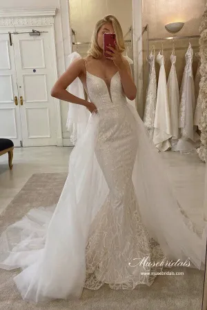 Tulle Mermaid V-neck Lace Sequins Detachable Train Wedding Dresses, MW1055