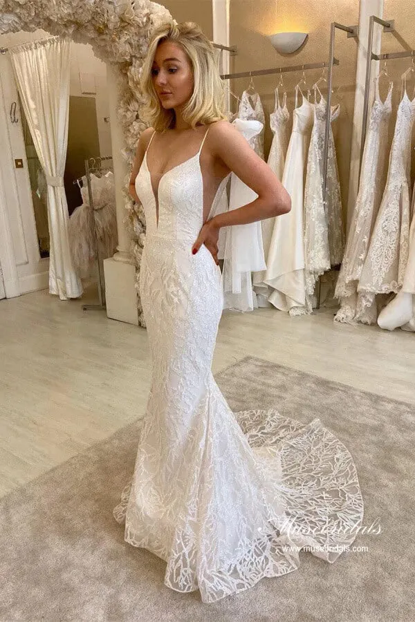 Tulle Mermaid V-neck Lace Sequins Detachable Train Wedding Dresses, MW1055