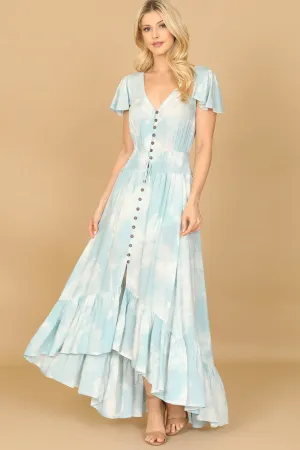 V-NECK BUTTON DETAIL RUFFLE SLEEVE HI-LOW HEM TIE DYE MAXI DRESS