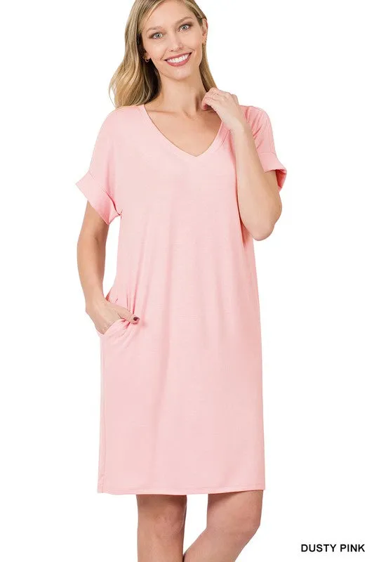 V-Neck Dress Women's Rolled Short Sleeve