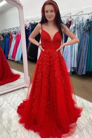 V Neck Lace Red Prom Dresses UK A Line Long Evening Gowns
