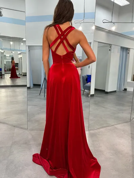 V Neck Long Burgundy Velvet Formal Dresses Cross Back