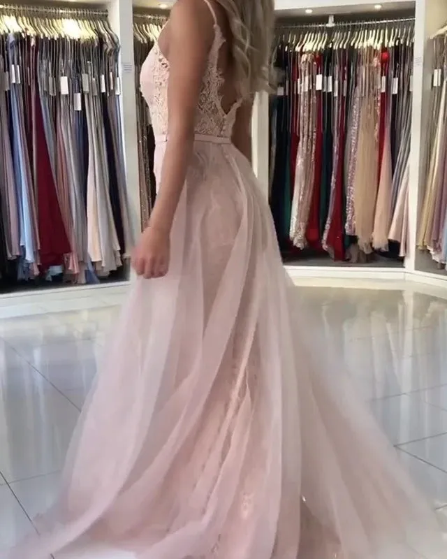 V Neck Long Mermaid Pink Lace Prom Dresses Open Back