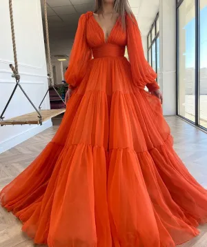 V-Neck Pleats Chiffon Princess Evening Gowns
