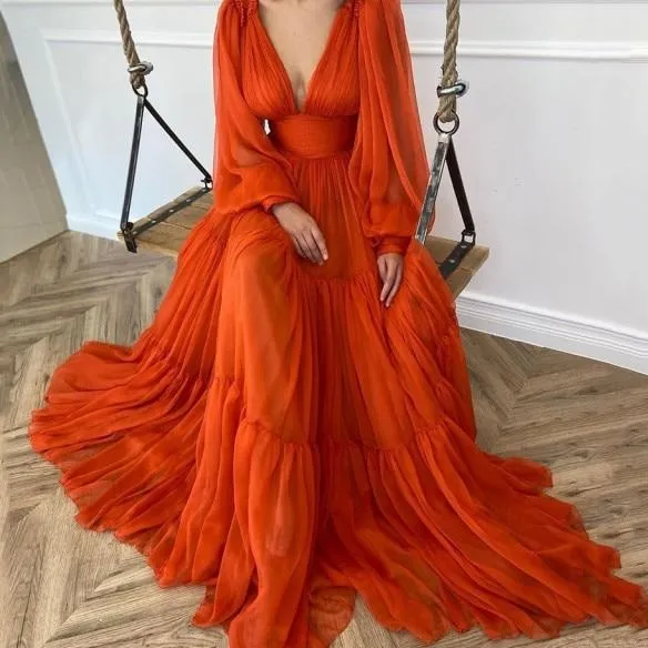 V-Neck Pleats Chiffon Princess Evening Gowns