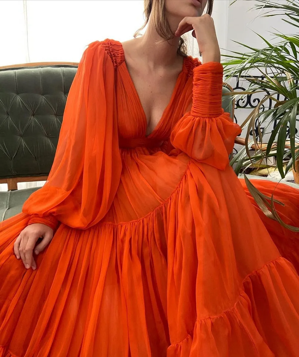 V-Neck Pleats Chiffon Princess Evening Gowns