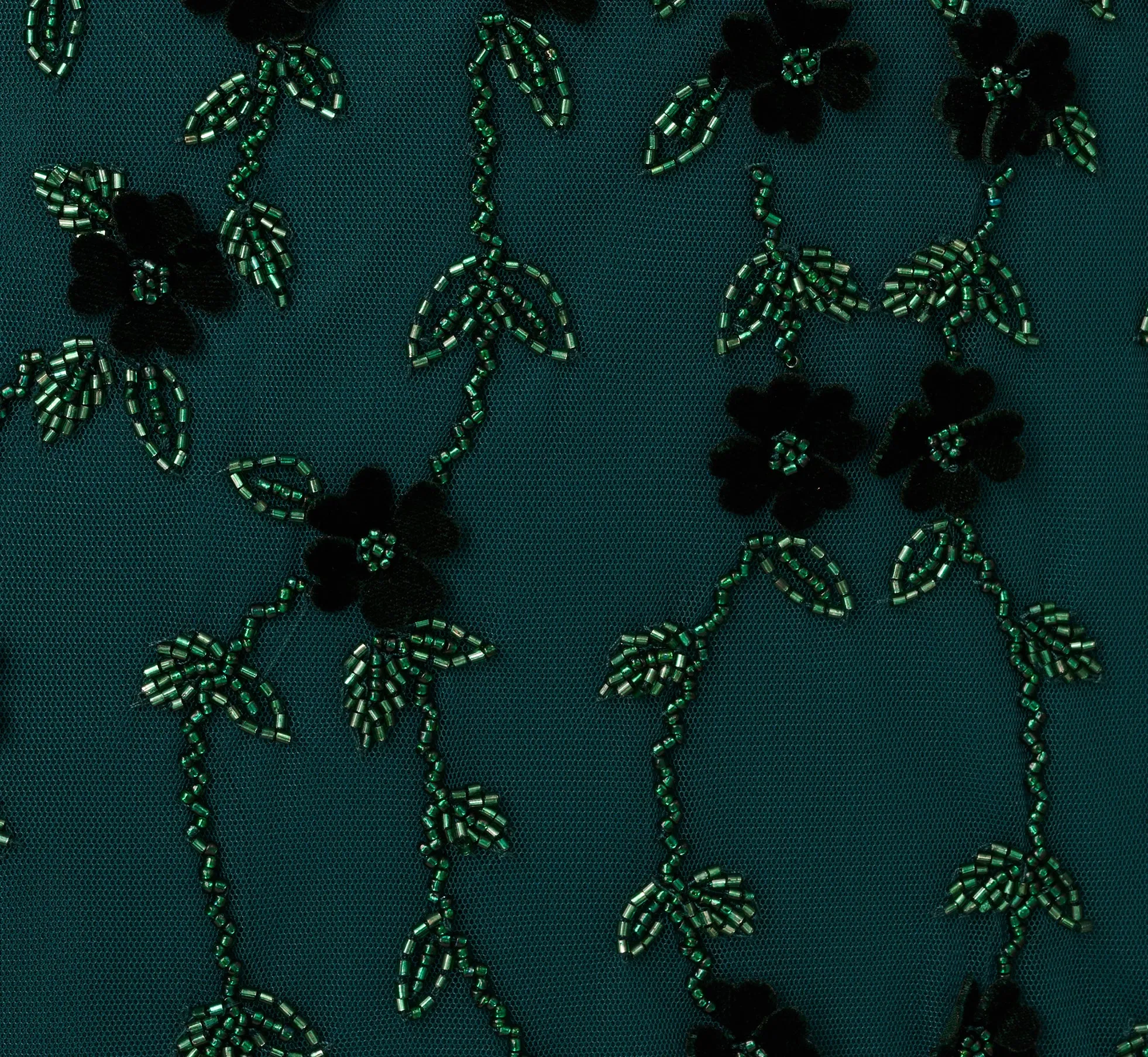 Velvet Floral Beaded Gown With Sheer Tank Straps In Gem Green