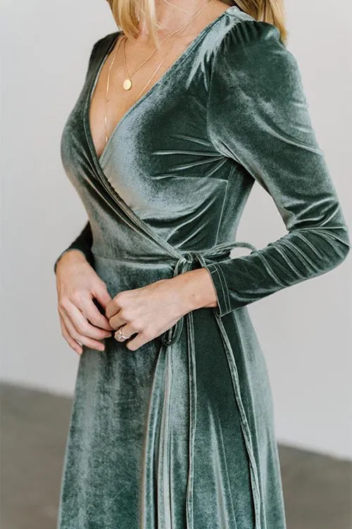 Velvet Long Sleeve Wrap Maxi Dress