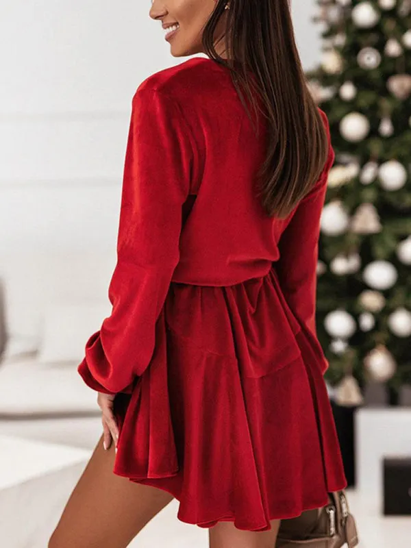 Velvet Wrap Mini Dress with Long Sleeves and Tie Waist