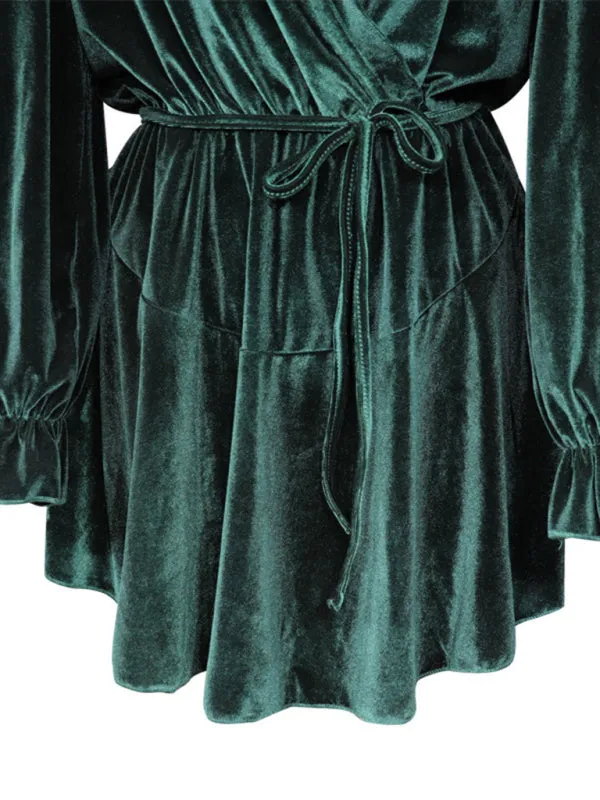Velvet Wrap Mini Dress with Long Sleeves and Tie Waist