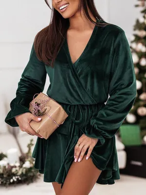 Velvet Wrap Mini Dress with Long Sleeves and Tie Waist