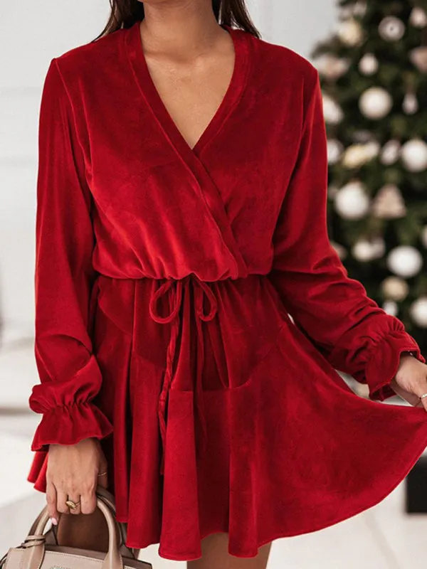 Velvet Wrap Mini Dress with Long Sleeves and Tie Waist