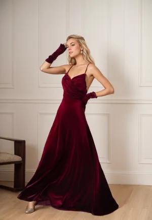 Vintage A-Line Velvet Prom Dress with Spaghetti Straps and Crisscross Back