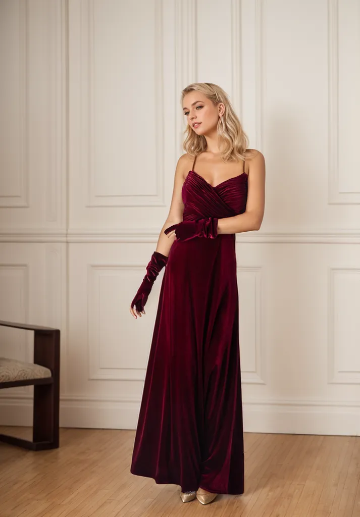 Vintage A-Line Velvet Prom Dress with Spaghetti Straps and Crisscross Back
