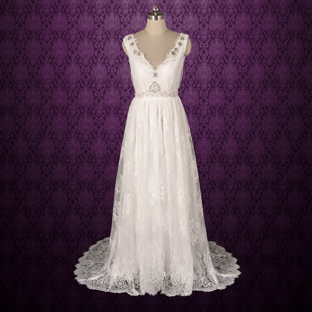 Vintage Bohemian Style Lace Wedding Dress with V Neckline | AMICE