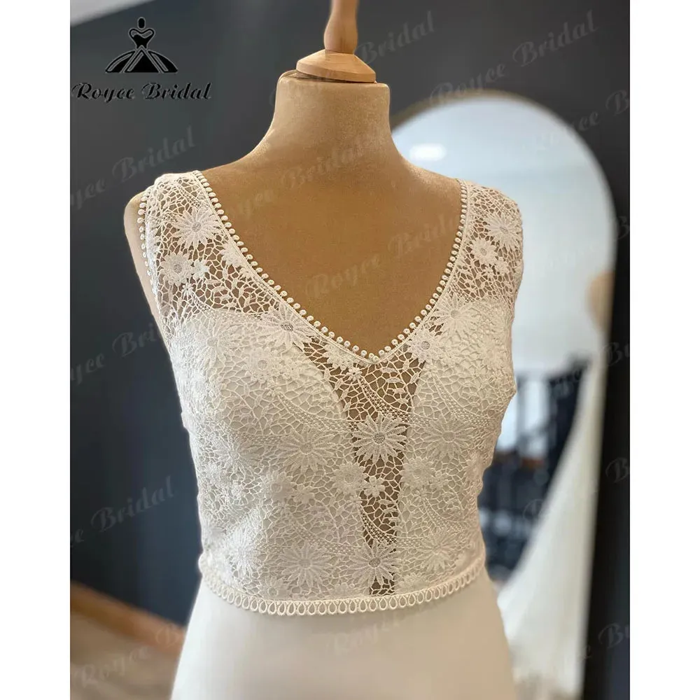 Vintage Bohemian V Neck Lace Bodice Chiffon Boho Wedding Dress for Bride  Bridal Gown vestido de noiva simples Sweep Train