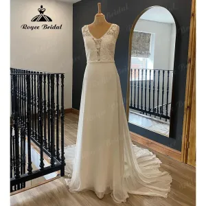 Vintage Bohemian V Neck Lace Bodice Chiffon Boho Wedding Dress for Bride  Bridal Gown vestido de noiva simples Sweep Train
