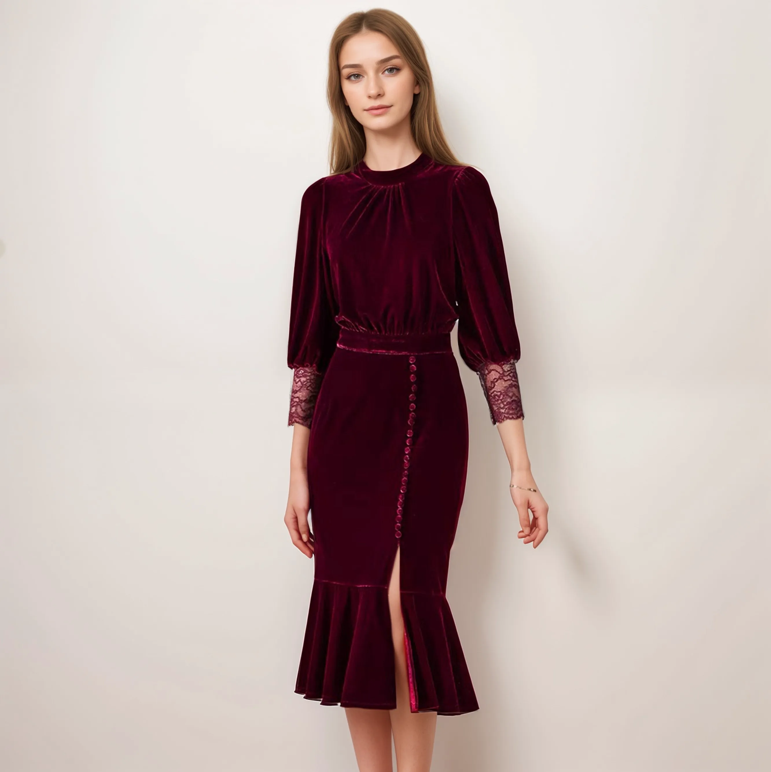 Vintage Lace Velvet Mermaid Midi Dress Scoop Neck 3/4 Sleeves